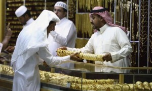Riyadh Saudi goldsmith displays bracelets